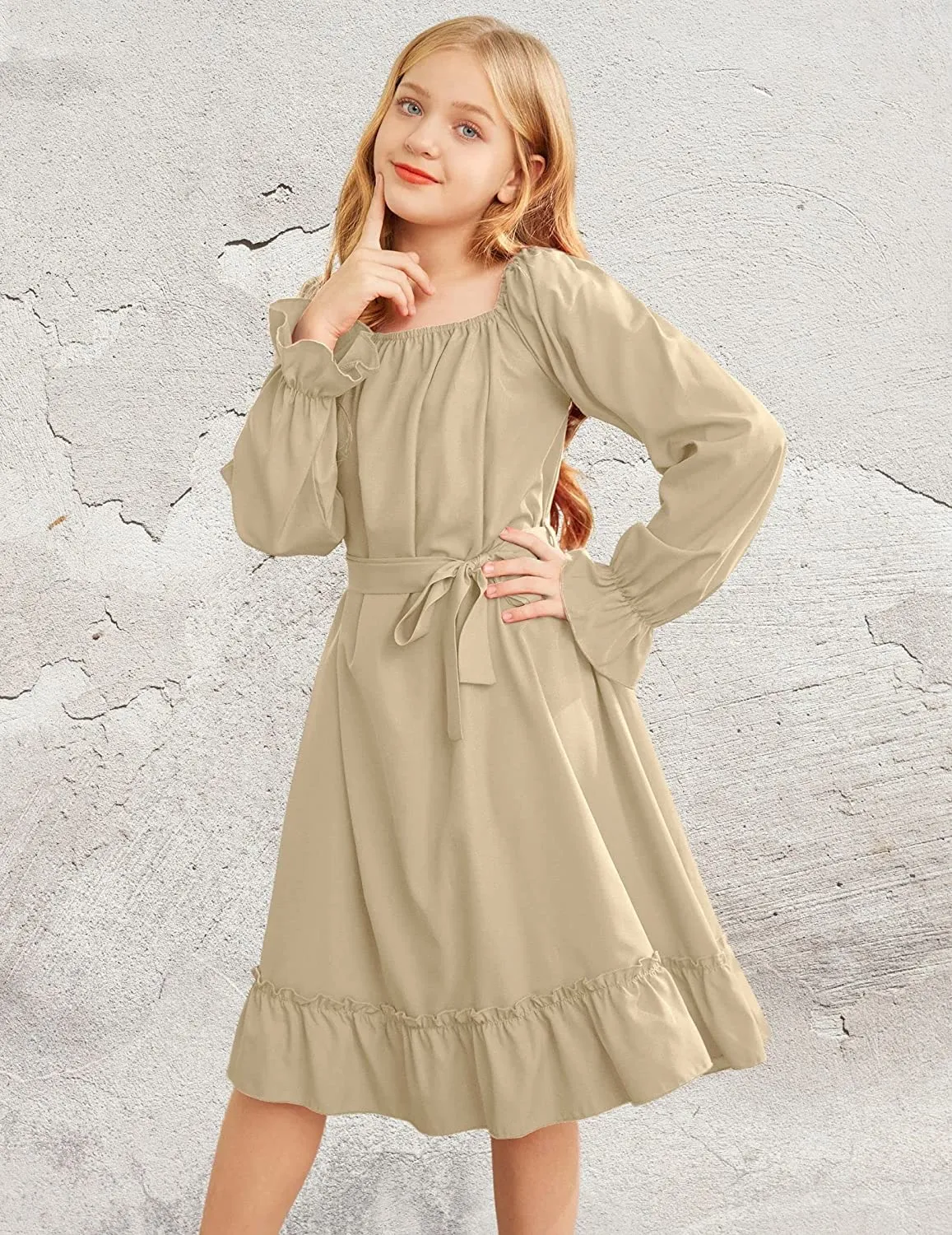 Arshiner Girls Long Sleeve Dress Ruffle Flowy Swing Midi Dresses