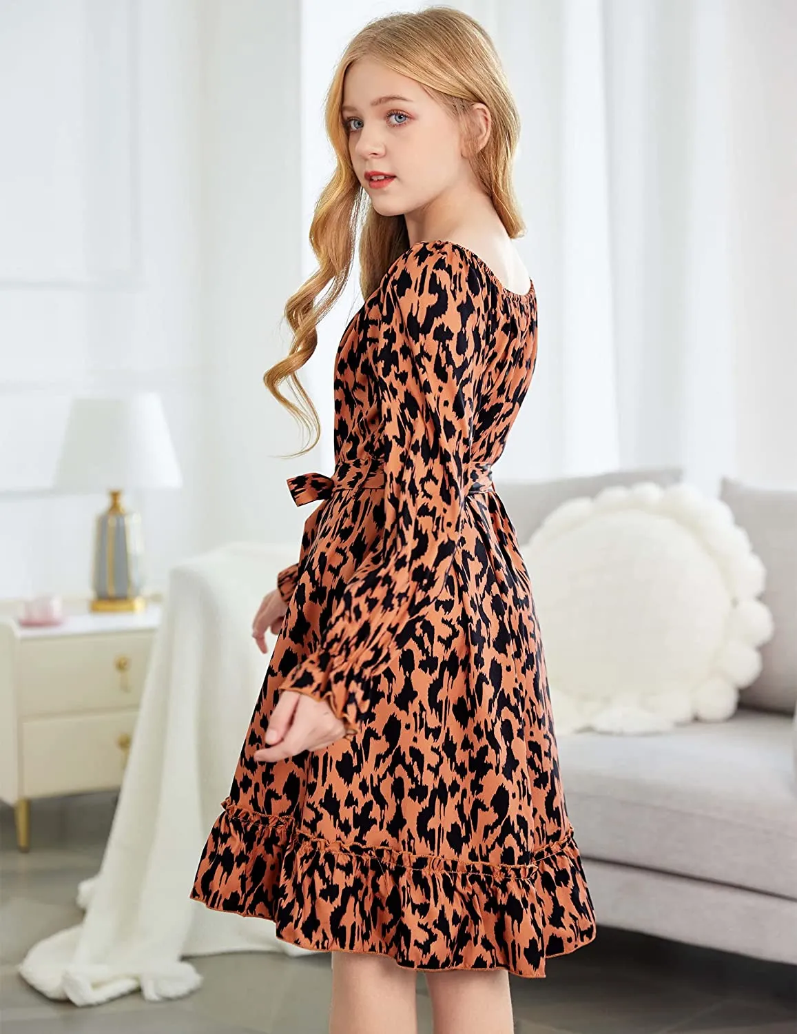 Arshiner Girls Long Sleeve Dress Ruffle Flowy Swing Midi Dresses