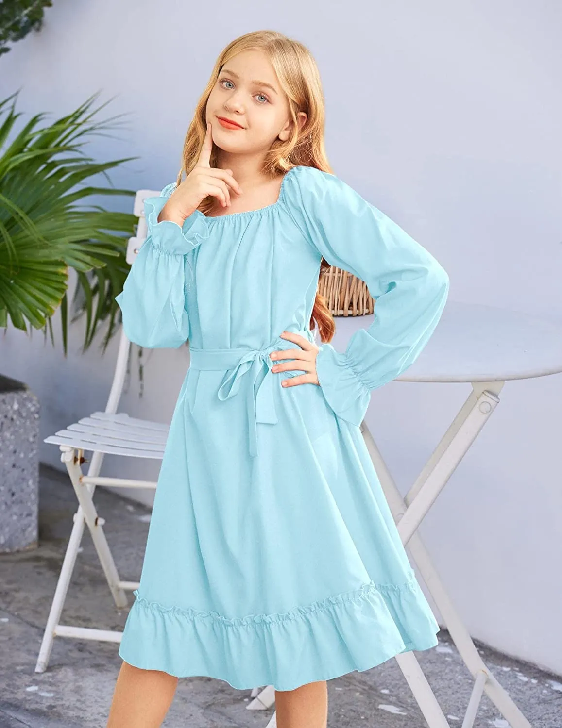 Arshiner Girls Long Sleeve Dress Ruffle Flowy Swing Midi Dresses