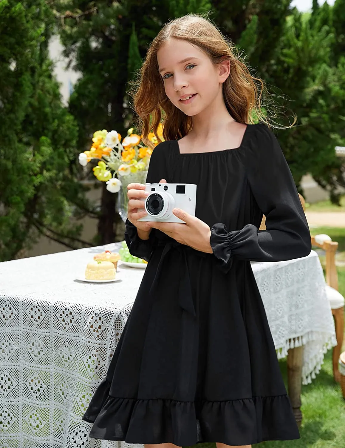 Arshiner Girls Long Sleeve Dress Ruffle Flowy Swing Midi Dresses