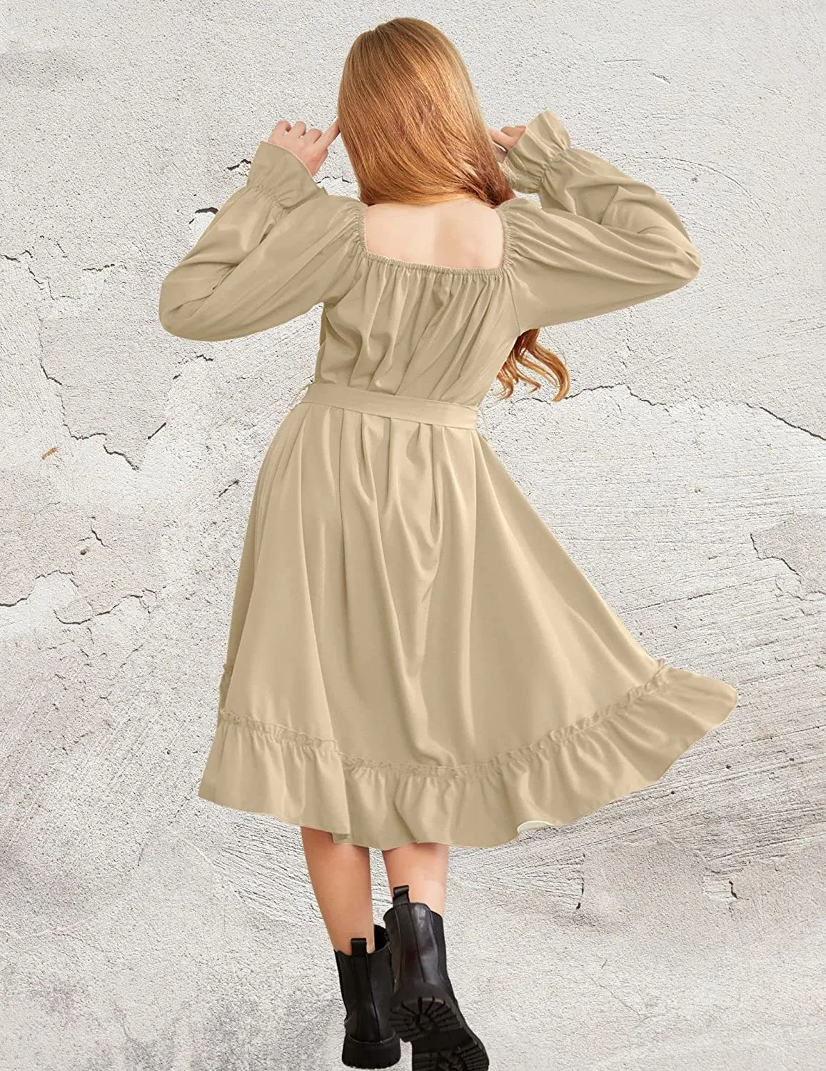 Arshiner Girls Long Sleeve Dress Ruffle Flowy Swing Midi Dresses