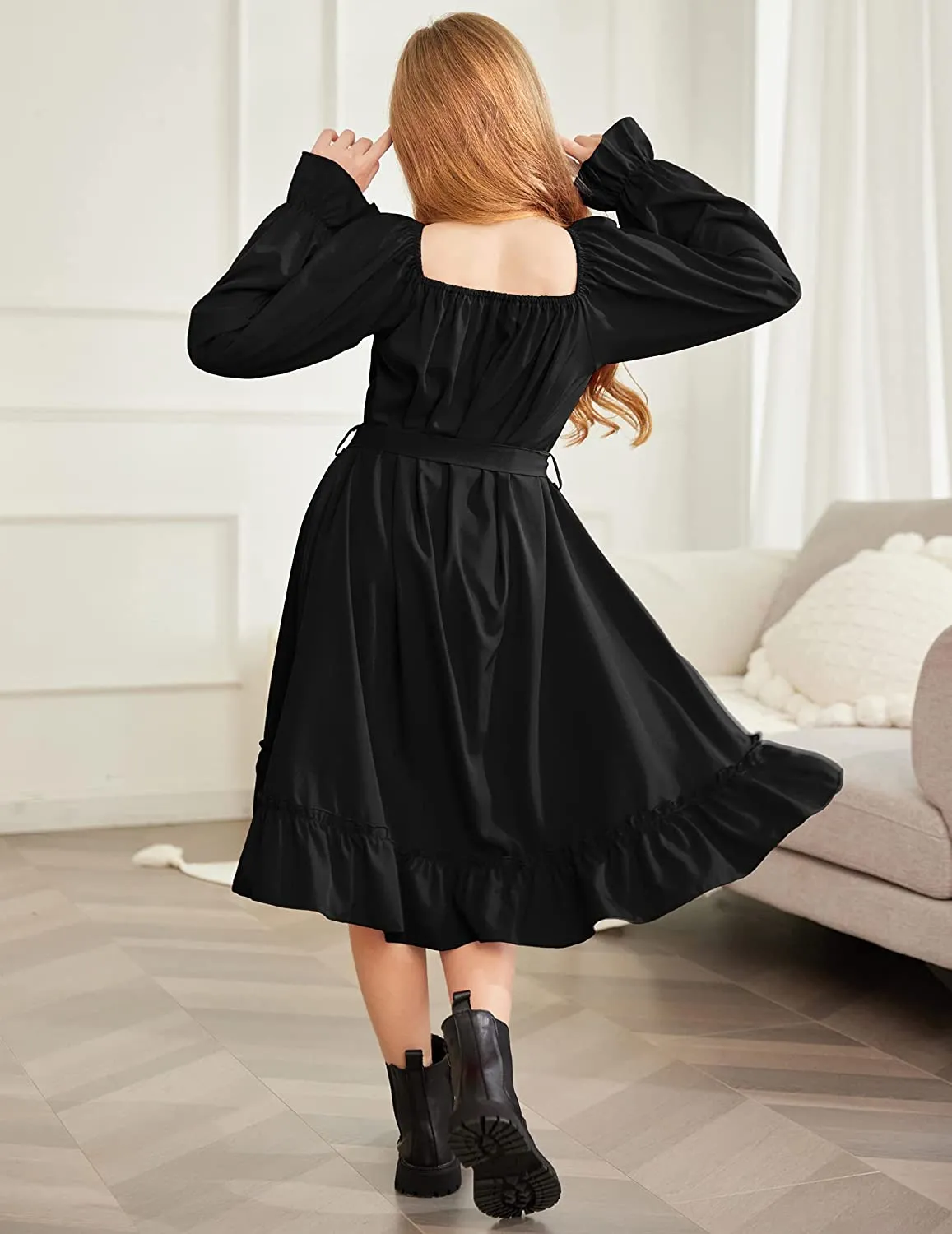 Arshiner Girls Long Sleeve Dress Ruffle Flowy Swing Midi Dresses