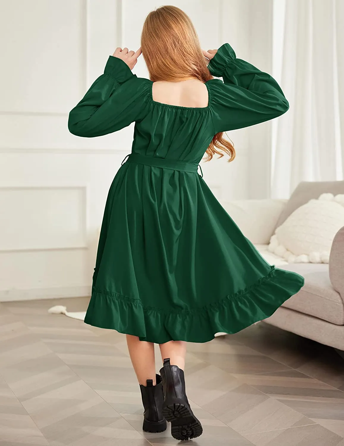 Arshiner Girls Long Sleeve Dress Ruffle Flowy Swing Midi Dresses