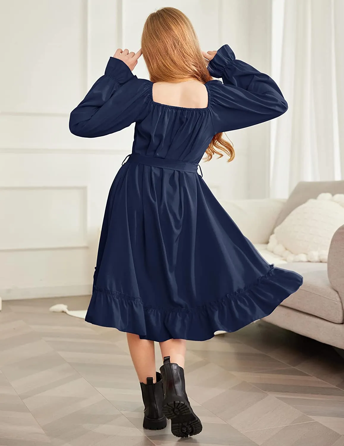 Arshiner Girls Long Sleeve Dress Ruffle Flowy Swing Midi Dresses