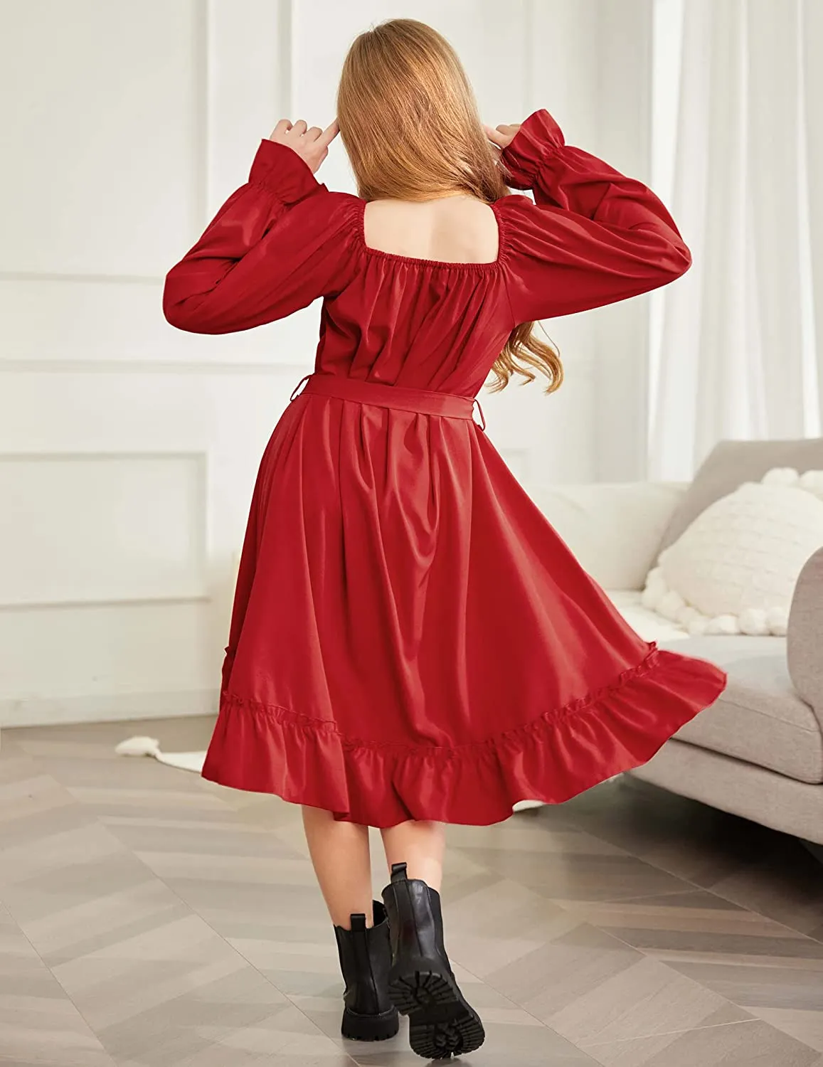 Arshiner Girls Long Sleeve Dress Ruffle Flowy Swing Midi Dresses