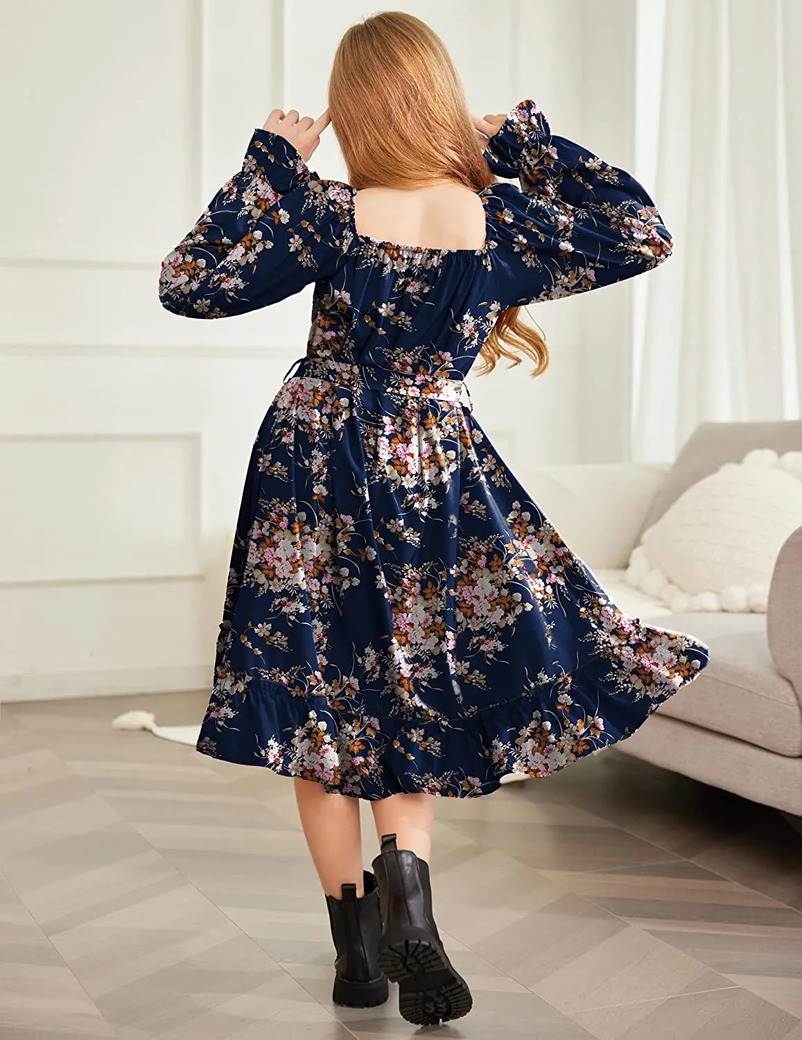 Arshiner Girls Long Sleeve Dress Ruffle Flowy Swing Midi Dresses