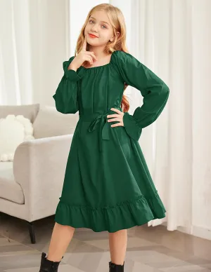 Arshiner Girls Long Sleeve Dress Ruffle Flowy Swing Midi Dresses