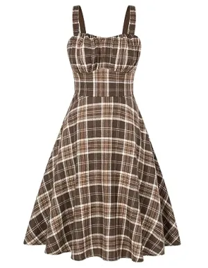 Belle Poque Brown Sleeveless Vintage Dress Sweetheart Neck Fall Spaghetti Strap Flowy A-line Swing Cocktail Dress Small