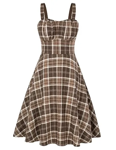 Belle Poque Brown Sleeveless Vintage Dress Sweetheart Neck Fall Spaghetti Strap Flowy A-line Swing Cocktail Dress Small