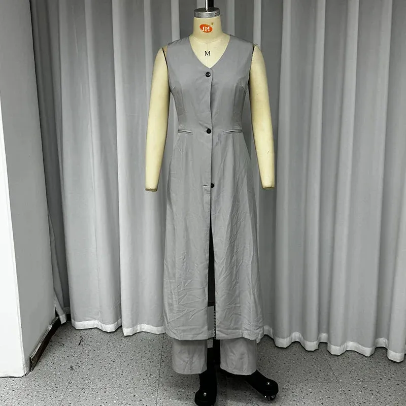 binfenxie  -  Office Women Summer Casual Chic Sleeveless V Neck Single Breasted Button Solid Long Top Loose Wide Legs Pants Sets