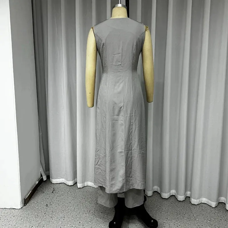 binfenxie  -  Office Women Summer Casual Chic Sleeveless V Neck Single Breasted Button Solid Long Top Loose Wide Legs Pants Sets