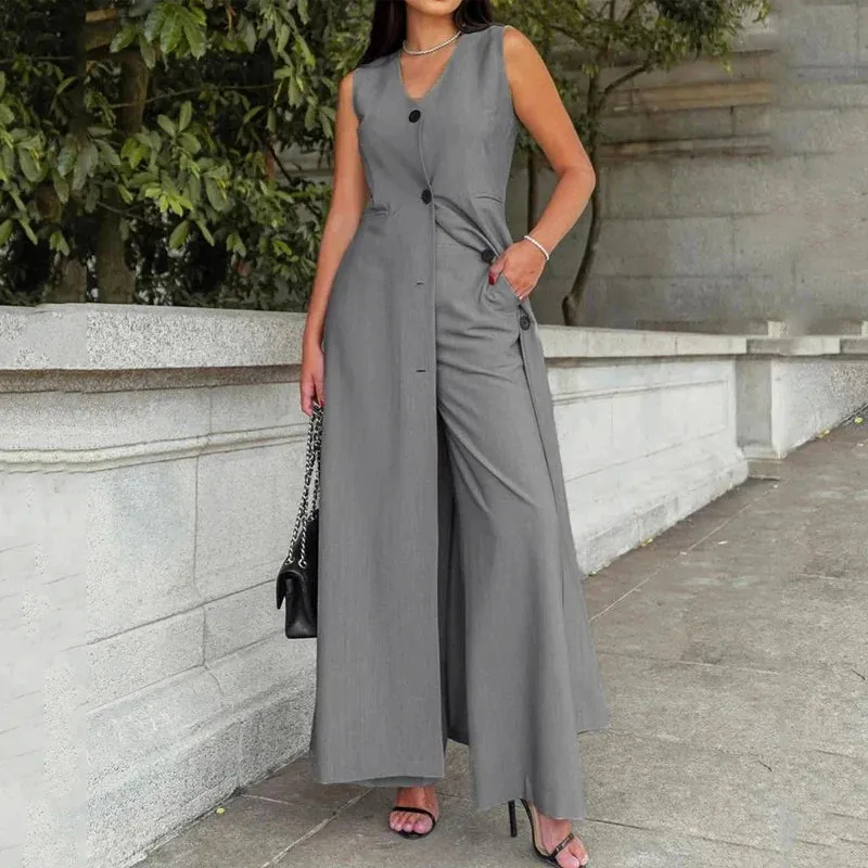 binfenxie  -  Office Women Summer Casual Chic Sleeveless V Neck Single Breasted Button Solid Long Top Loose Wide Legs Pants Sets