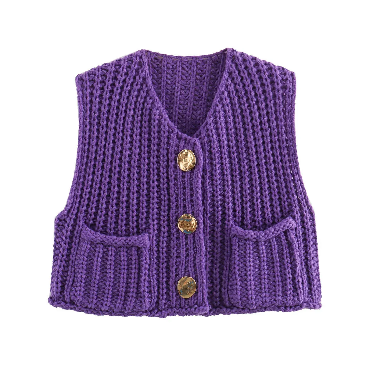 Black Friday Joskaa Fashion Sleeveless Knitted Cardigan Vests For Women Autumn New Short Sweater Button With Pockets Solid Color Knitted Top