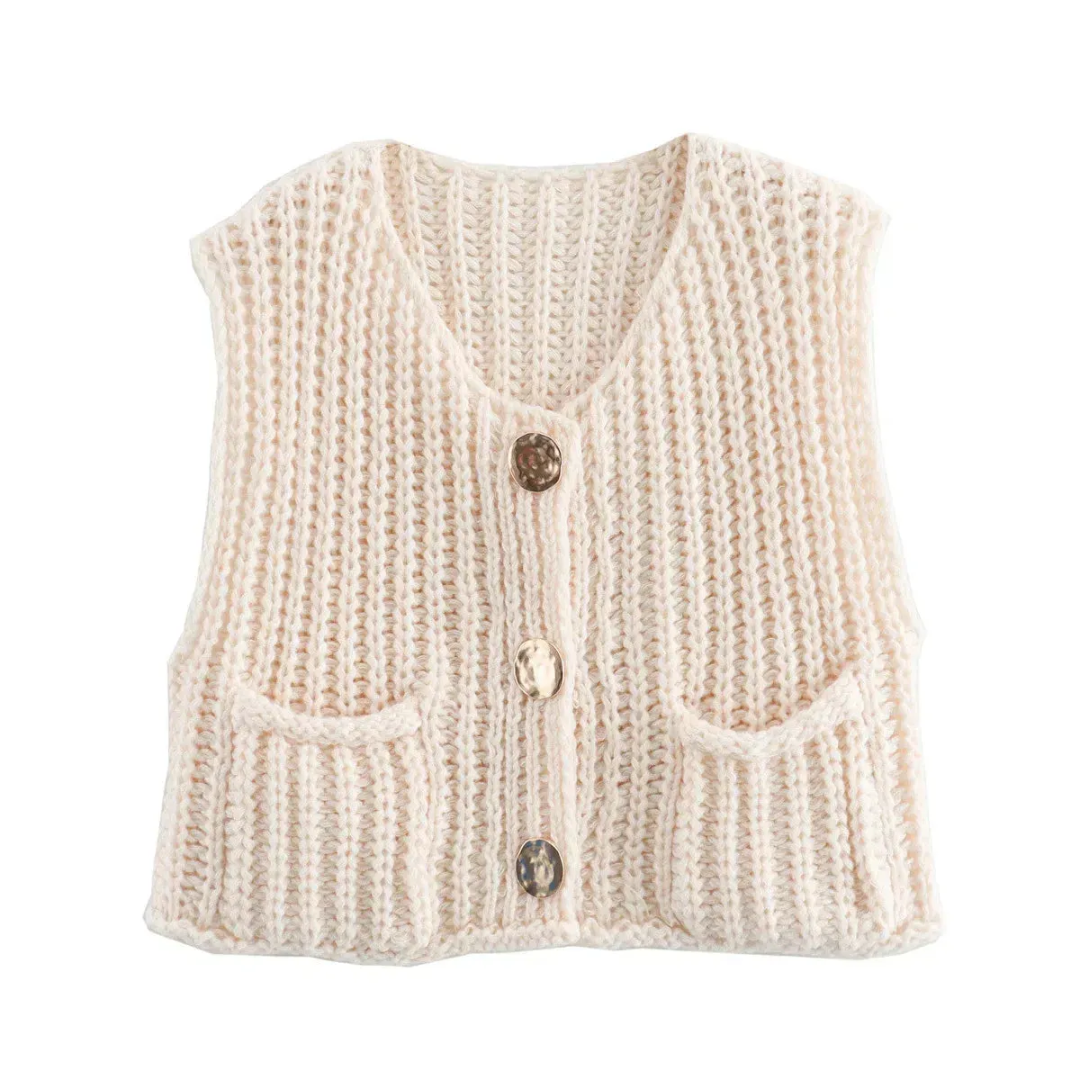 Black Friday Joskaa Fashion Sleeveless Knitted Cardigan Vests For Women Autumn New Short Sweater Button With Pockets Solid Color Knitted Top