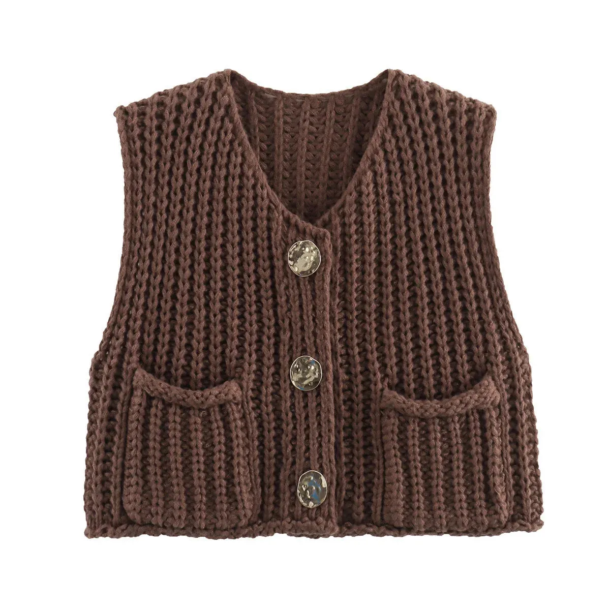 Black Friday Joskaa Fashion Sleeveless Knitted Cardigan Vests For Women Autumn New Short Sweater Button With Pockets Solid Color Knitted Top