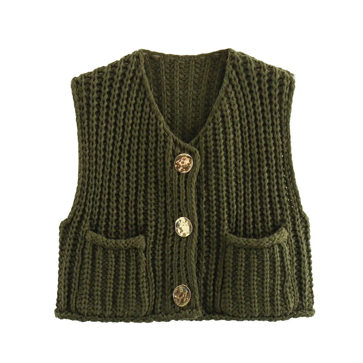 Black Friday Joskaa Fashion Sleeveless Knitted Cardigan Vests For Women Autumn New Short Sweater Button With Pockets Solid Color Knitted Top