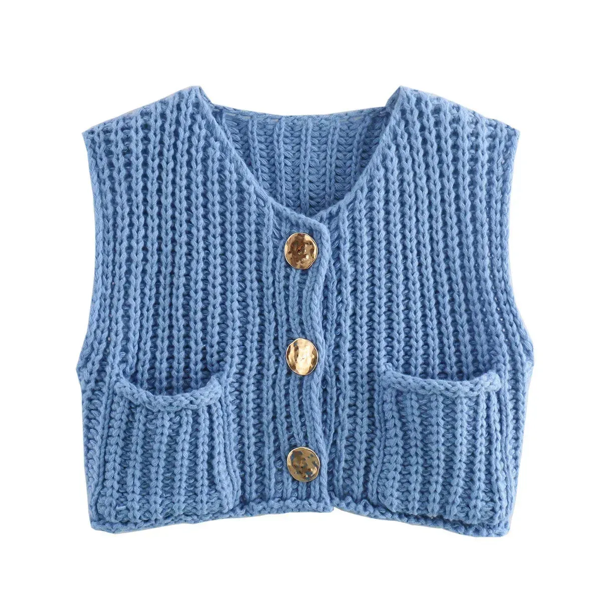 Black Friday Joskaa Fashion Sleeveless Knitted Cardigan Vests For Women Autumn New Short Sweater Button With Pockets Solid Color Knitted Top