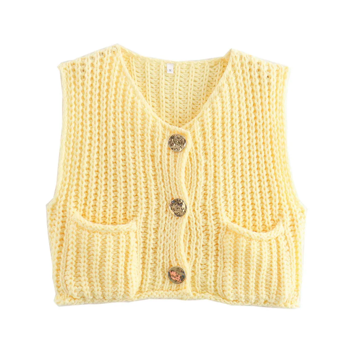 Black Friday Joskaa Fashion Sleeveless Knitted Cardigan Vests For Women Autumn New Short Sweater Button With Pockets Solid Color Knitted Top
