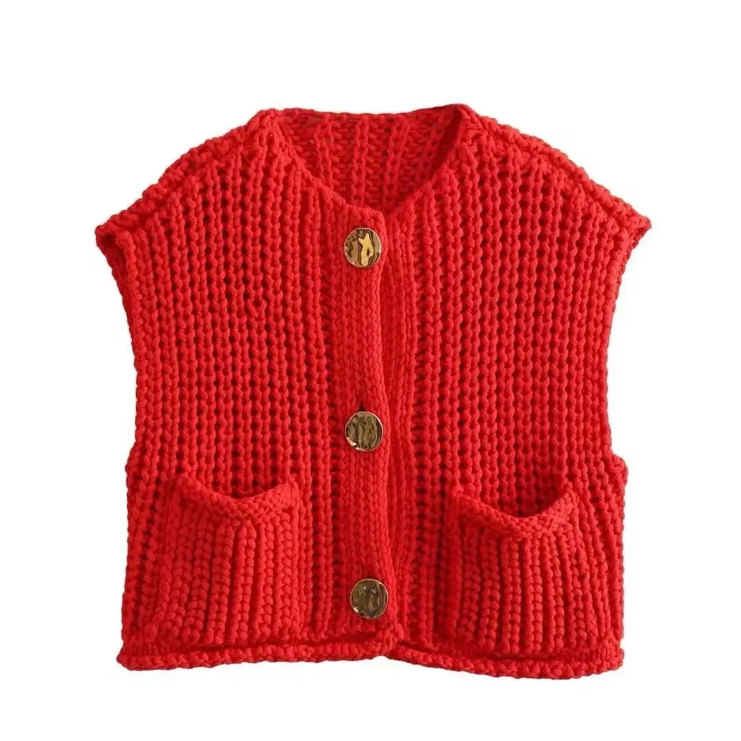 Black Friday Joskaa Fashion Sleeveless Knitted Cardigan Vests For Women Autumn New Short Sweater Button With Pockets Solid Color Knitted Top