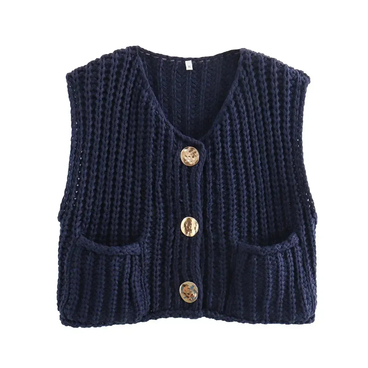 Black Friday Joskaa Fashion Sleeveless Knitted Cardigan Vests For Women Autumn New Short Sweater Button With Pockets Solid Color Knitted Top