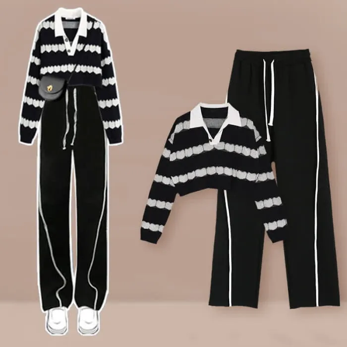 Black Heart Pattern Stripe Sweater Casual Pants