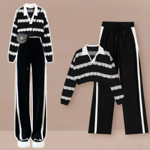Black Heart Pattern Stripe Sweater Casual Pants