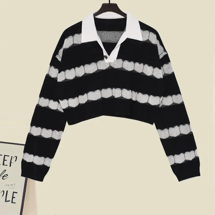 Black Heart Pattern Stripe Sweater Casual Pants