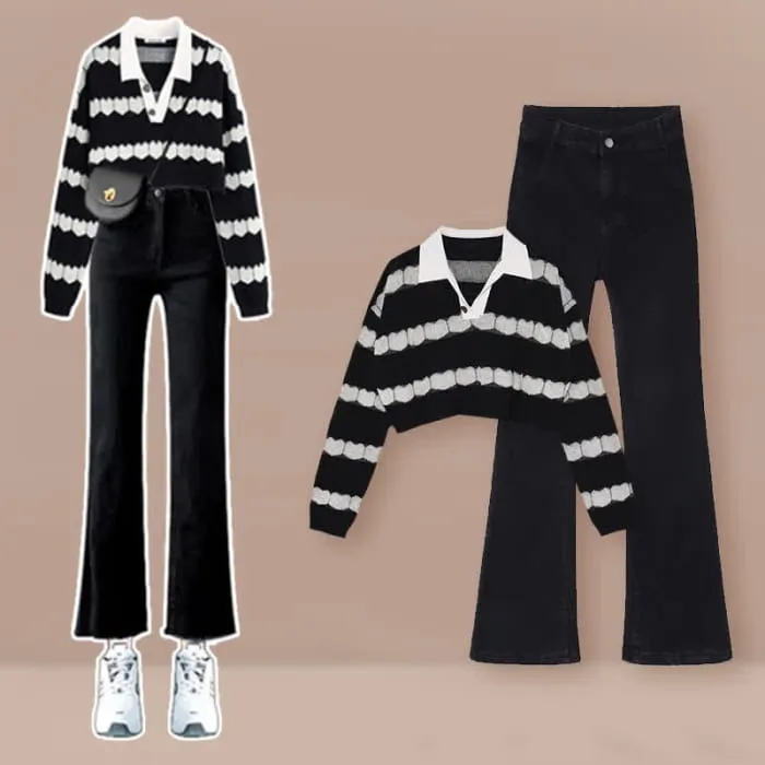 Black Heart Pattern Stripe Sweater Casual Pants