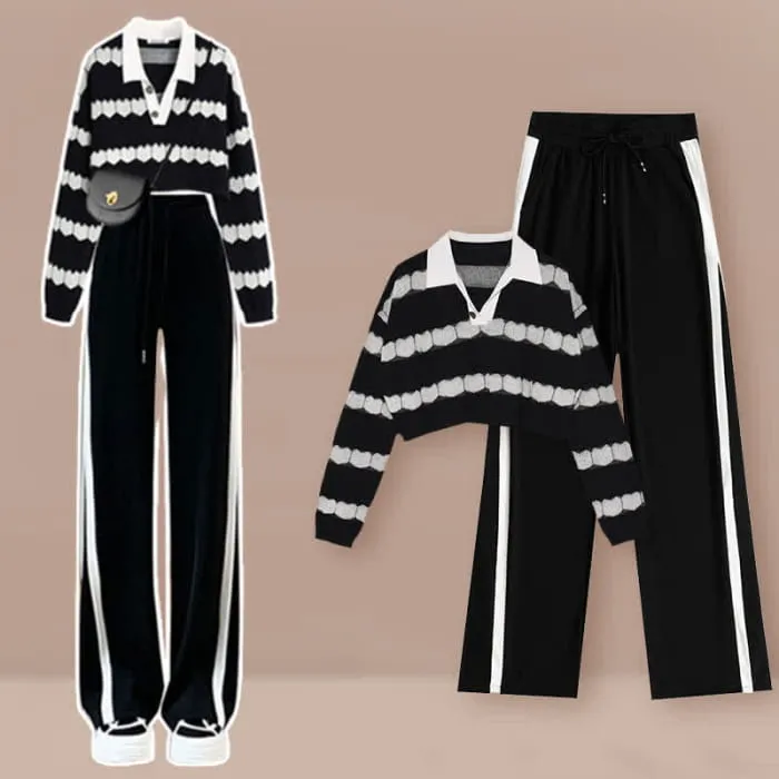 Black Heart Pattern Stripe Sweater Casual Pants