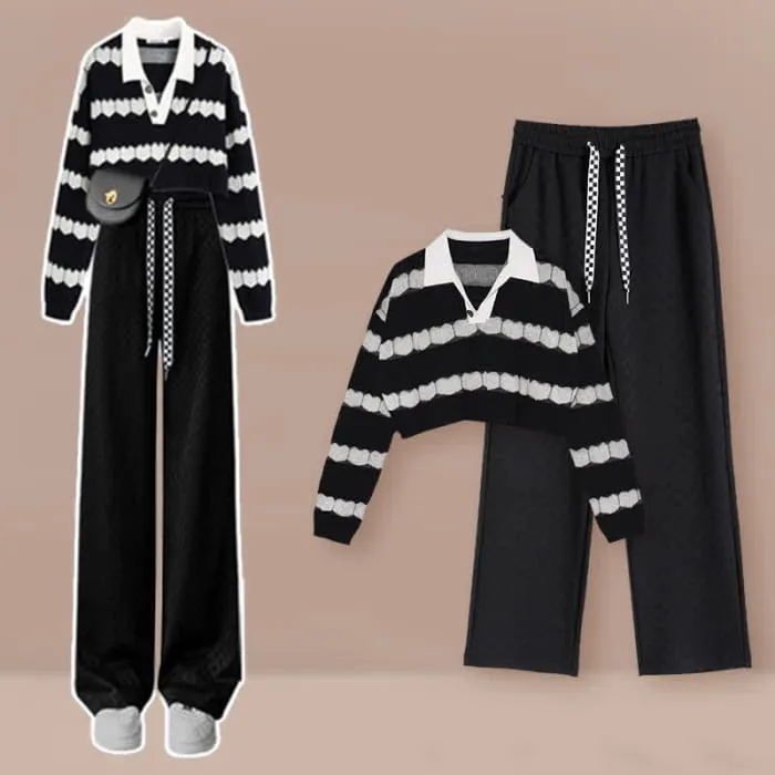 Black Heart Pattern Stripe Sweater Casual Pants