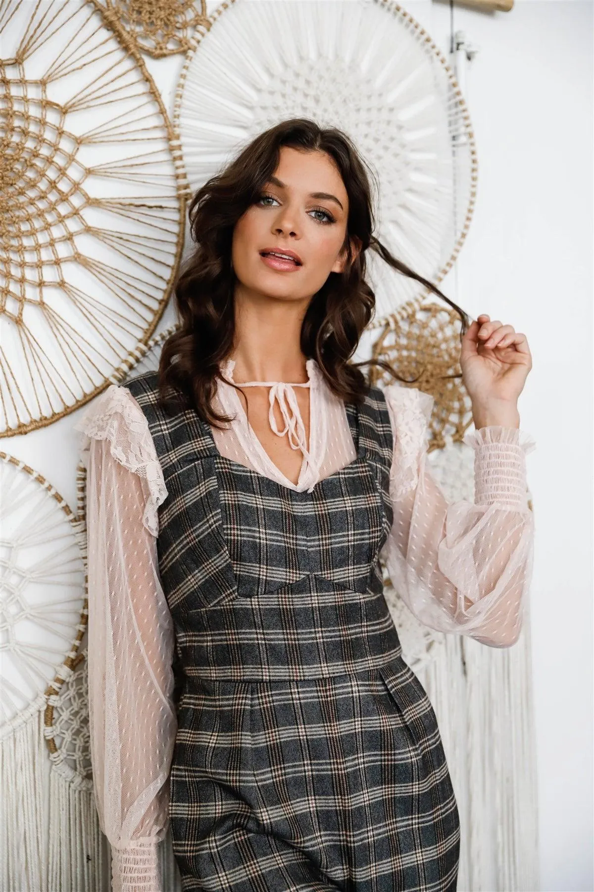 Black Multi Color Plaid Double Strap Bustier Jumpsuit /1-2-2-1