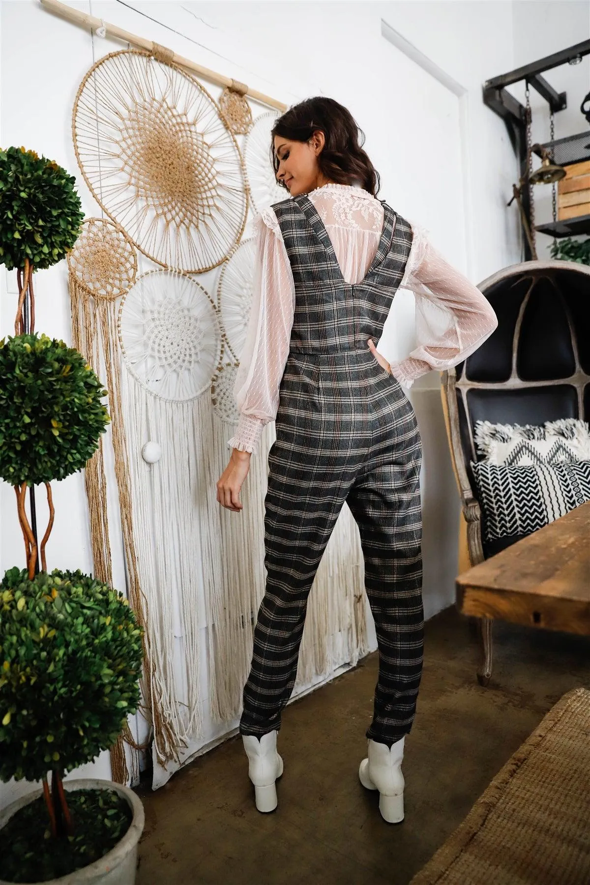 Black Multi Color Plaid Double Strap Bustier Jumpsuit /1-2-2-1