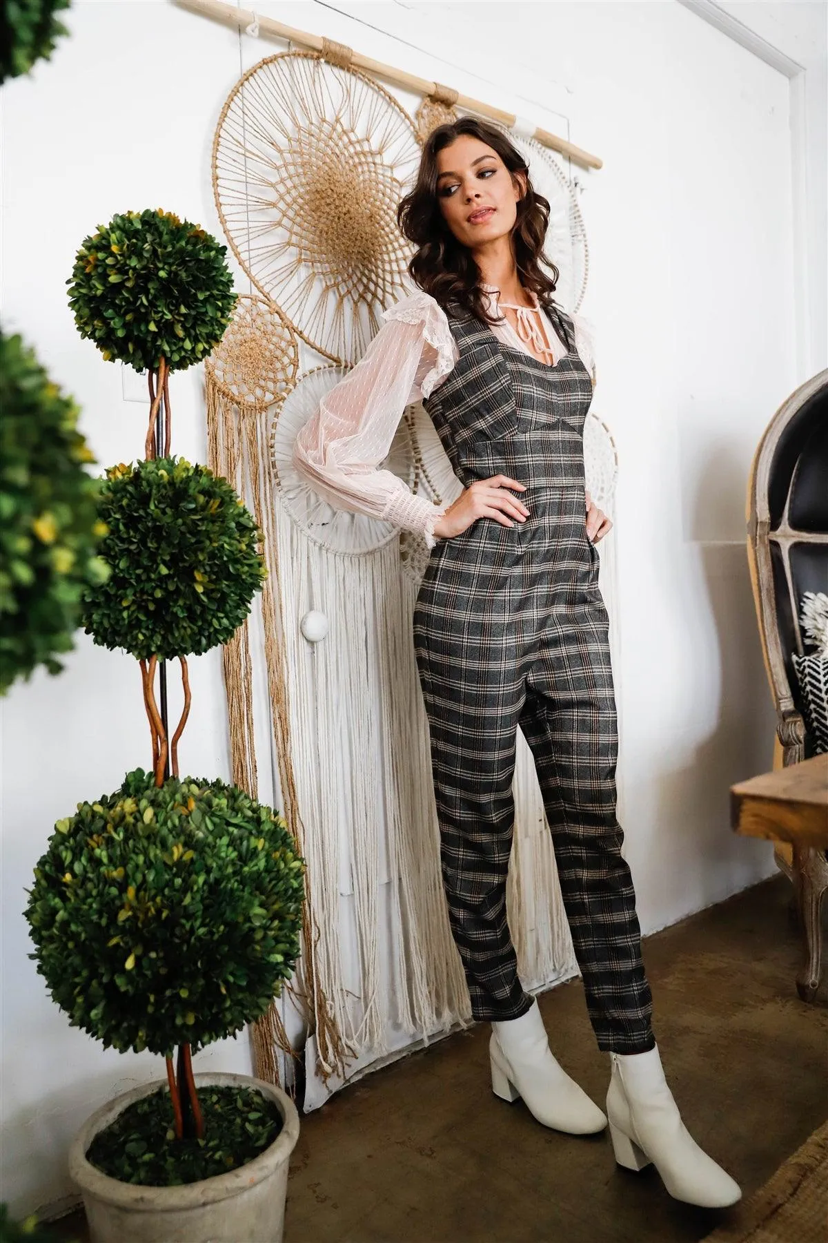 Black Multi Color Plaid Double Strap Bustier Jumpsuit /1-2-2-1