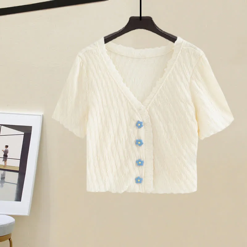Blossom Button T-Shirt Letter Denim Pants Set