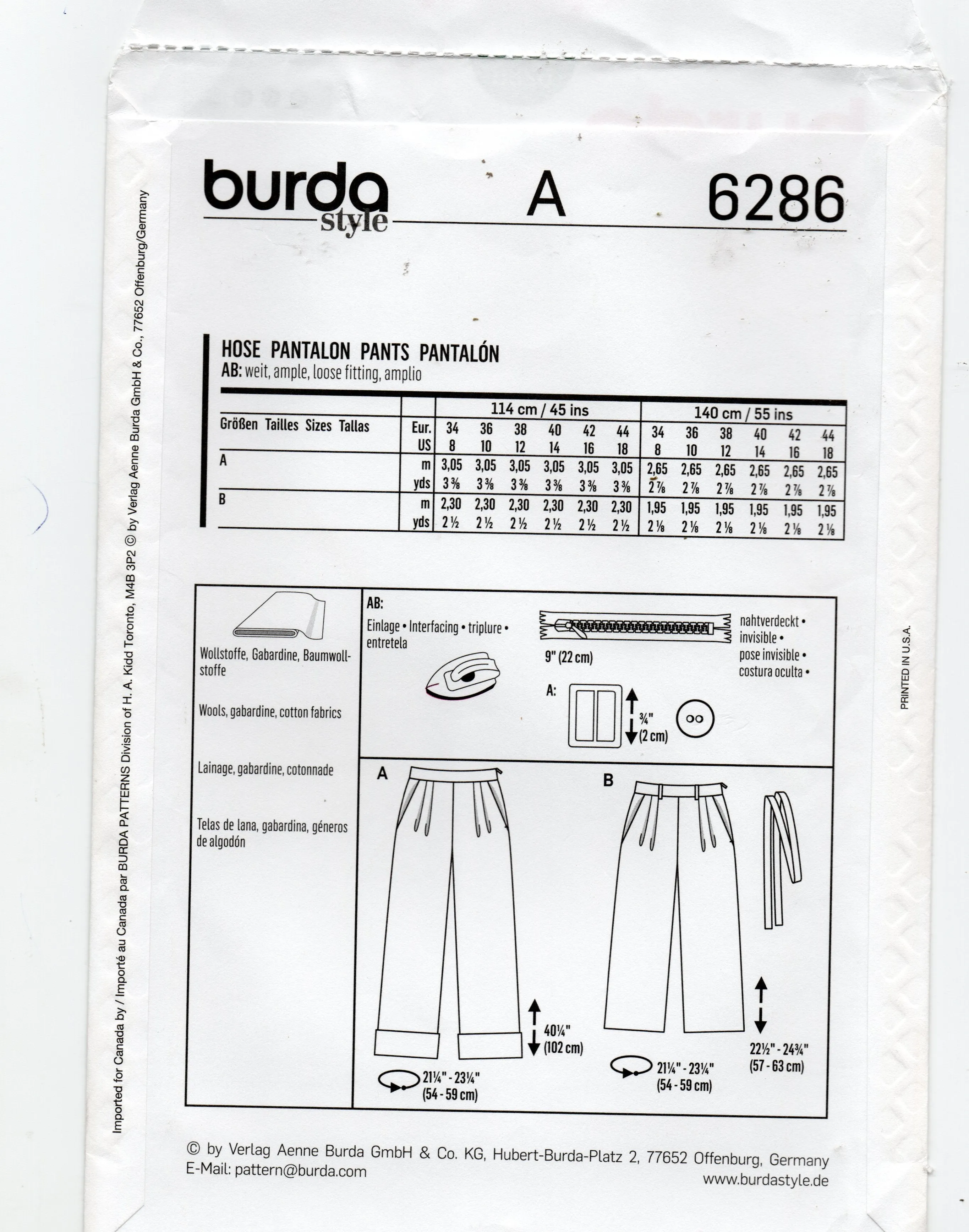 Burda Style 6286 Womens High Waisted Wide Leg Pleated Pants Out Of Print Sewing Pattern Sizes 8 - 18 UNCUT Factory Folded