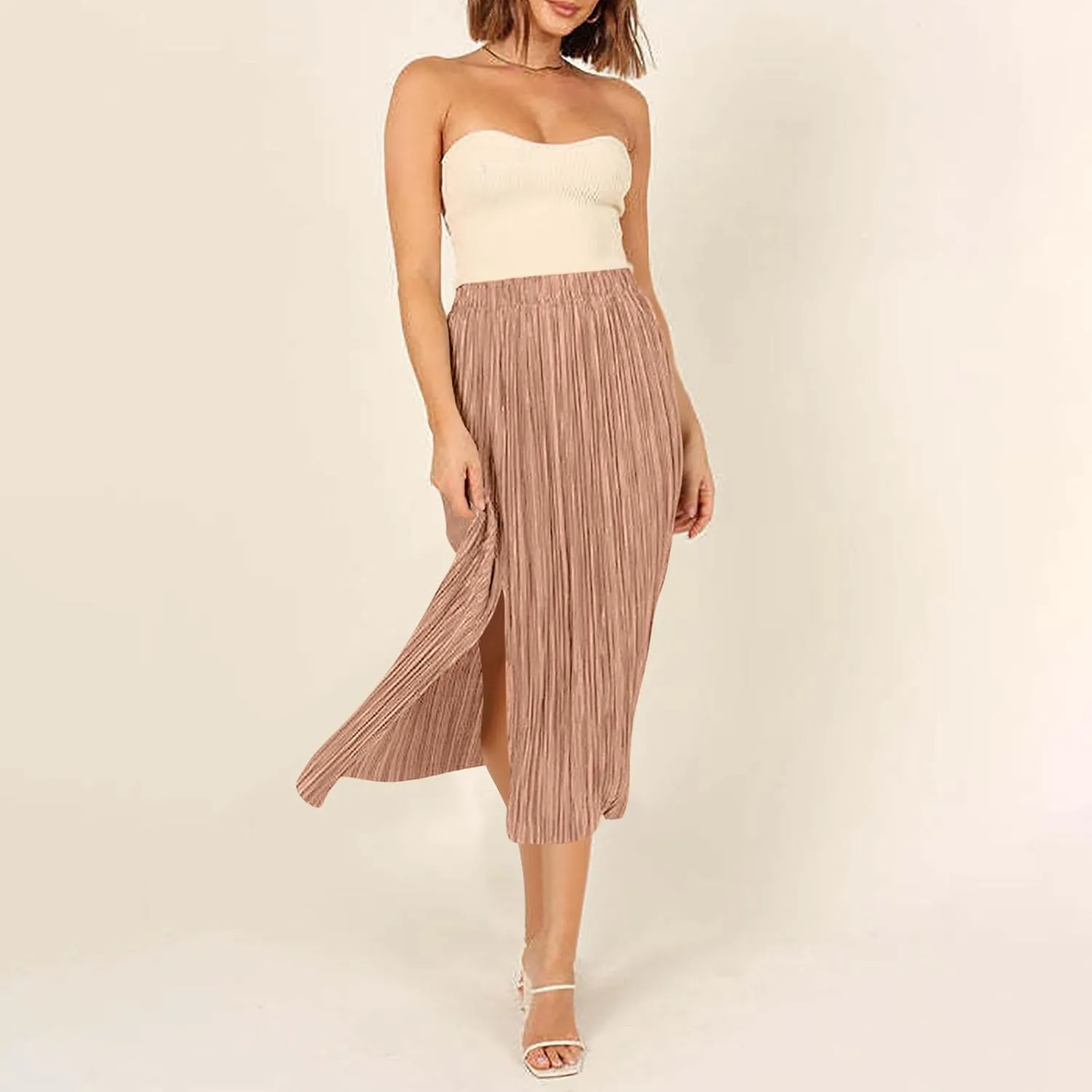 Business Casual Skirts Women Elastic High Waisted Skirts Flowy Summer Skirt Slit Split Sexy Skirts Pleated Midi Skirt