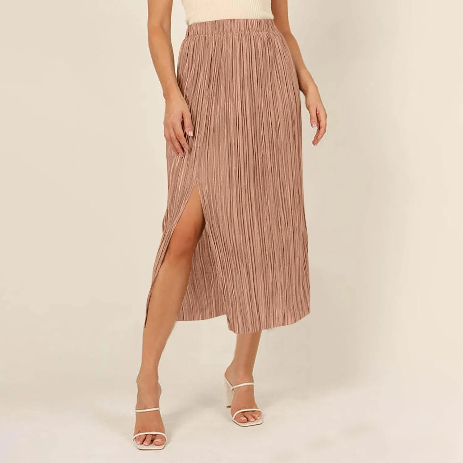 Business Casual Skirts Women Elastic High Waisted Skirts Flowy Summer Skirt Slit Split Sexy Skirts Pleated Midi Skirt
