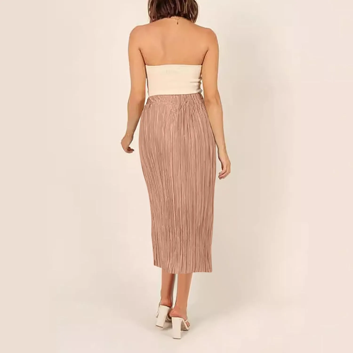 Business Casual Skirts Women Elastic High Waisted Skirts Flowy Summer Skirt Slit Split Sexy Skirts Pleated Midi Skirt