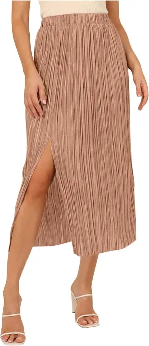 Business Casual Skirts Women Elastic High Waisted Skirts Flowy Summer Skirt Slit Split Sexy Skirts Pleated Midi Skirt