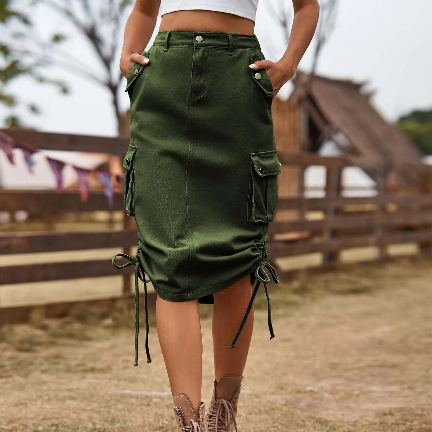 Cargo Skirts for Women with Pocket Midi Length Denim Skirt High Waisted Maxi Skirt Tie Split Jean Skirt Summer Skirts