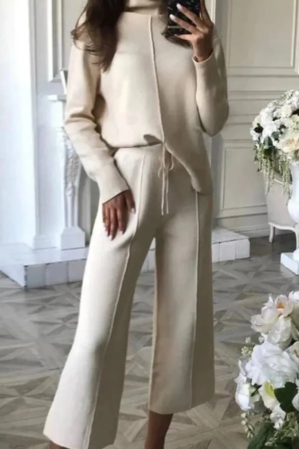 Casual High-neck Knitted Wide-leg Pants Two-piece Suits