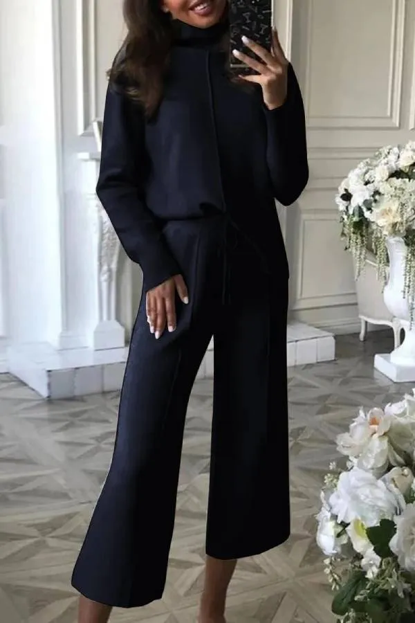 Casual High-neck Knitted Wide-leg Pants Two-piece Suits