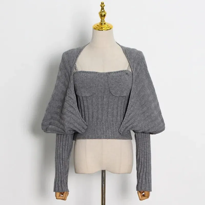 Casual Knitted Women's Suit Square Collar Sleeveless Top Solid Long Sleeve Coat Slim Two Piece Set Women Style
