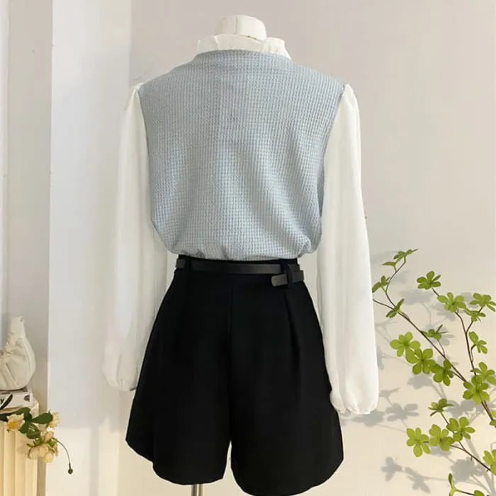 Chic Chiffon Sleeve Shirt High Waist Belted Pleated Skirt