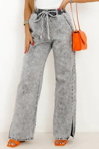 Chic Slit Drawstring Denim Pants with Practical Pockets