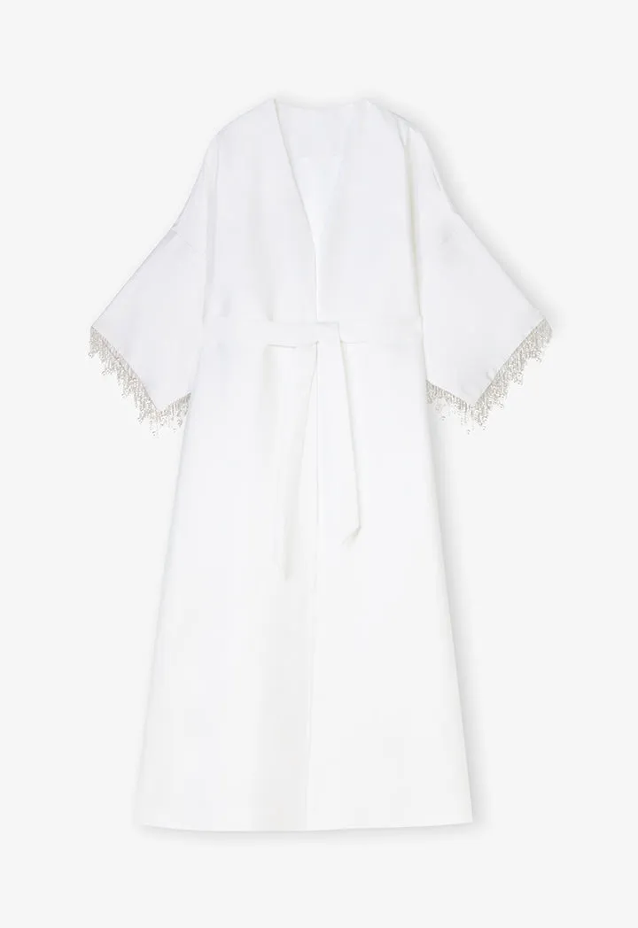 Choice Pearl Detailed Open Front Maxi Abaya With Self Tie Belt Offwhite