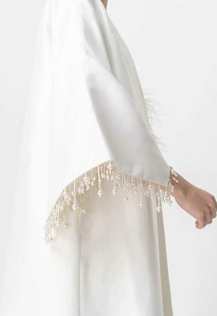 Choice Pearl Detailed Open Front Maxi Abaya With Self Tie Belt Offwhite