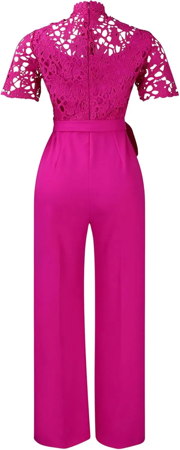 Choomomo Womens Floral Lace Jumpsuits Casual Dressy One Piece Outfits Belted High Waist Long Pants Romper