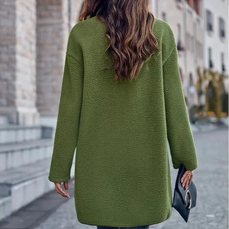 Color Round Neck Long Sleeve Single Breasted Mid Length Fashion Casual Formal Coat