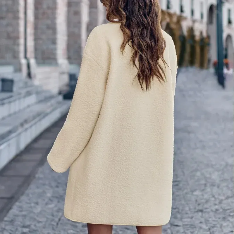 Color Round Neck Long Sleeve Single Breasted Mid Length Fashion Casual Formal Coat